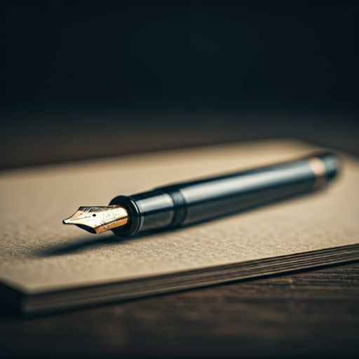 Vintage fountain pen resting on antique parchment, cinematic moody lighting