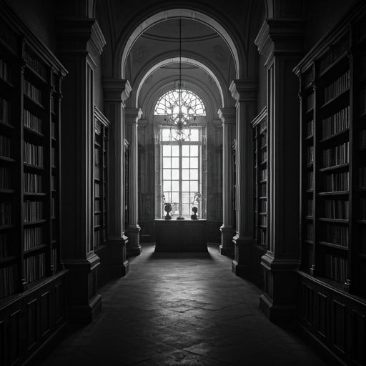 Grand library in New Delhi with towering bookshelves and dramatic shaft lighting