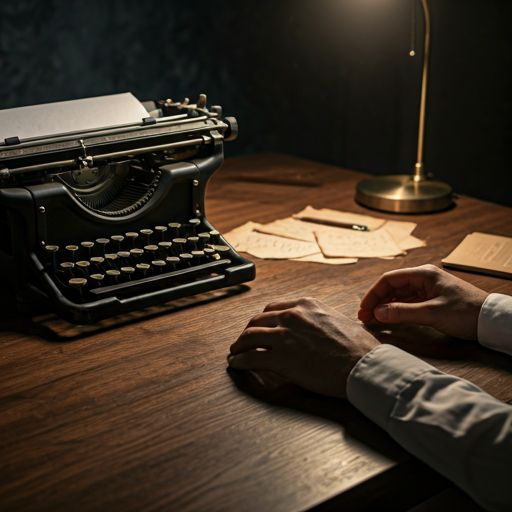 Hands resting on a dark walnut desk beside a vintage typewriter and handwritten notes